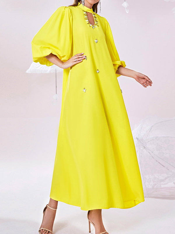 Bishop Sleeve Loose Hollow Rhine Stones Solid Color Mock Neck Maxi Dresses by migunica-3