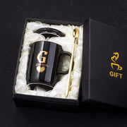 400ml Creative Gold Finger Printing Black Ceramic Coffee Mug Tea Cup With Gold Handle As Gift With Lid And Spoon - Memoriex