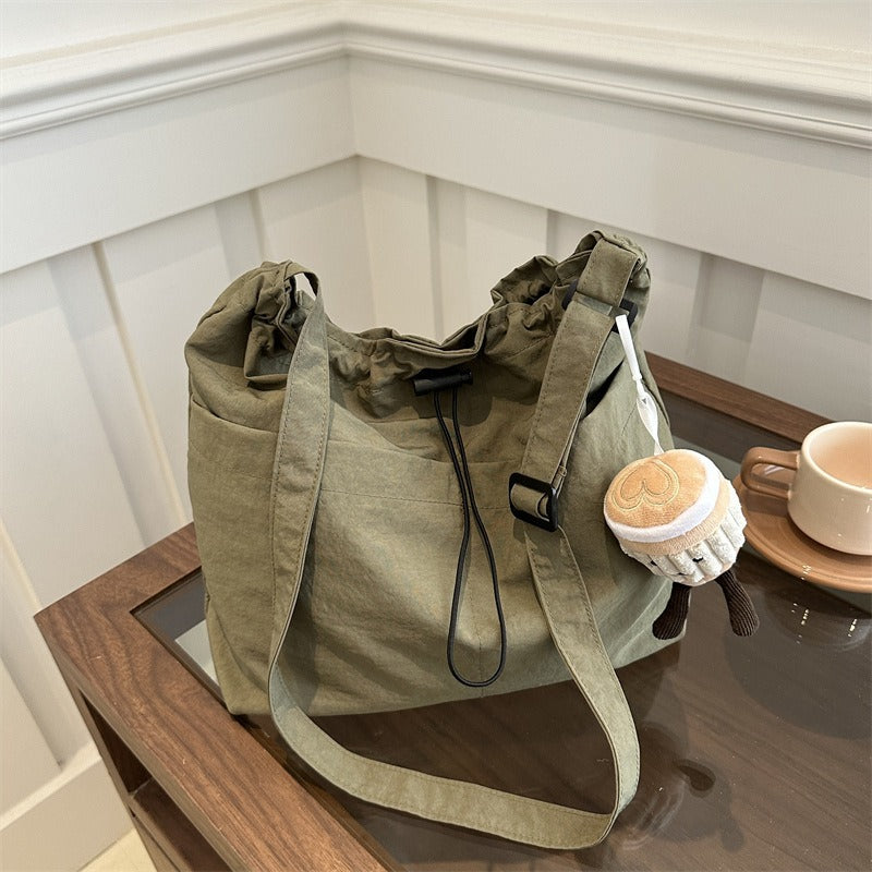 New large capacity waterproof nylon cloth drawstring pleated shoulder bag travel leisure crossbody bucket bag - Memoriex 