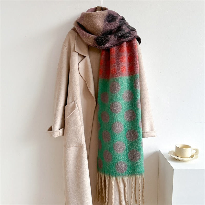 Imitation wool scarf with colorful polka dots, lazy temperament, soft and versatile shawl, thick and warm