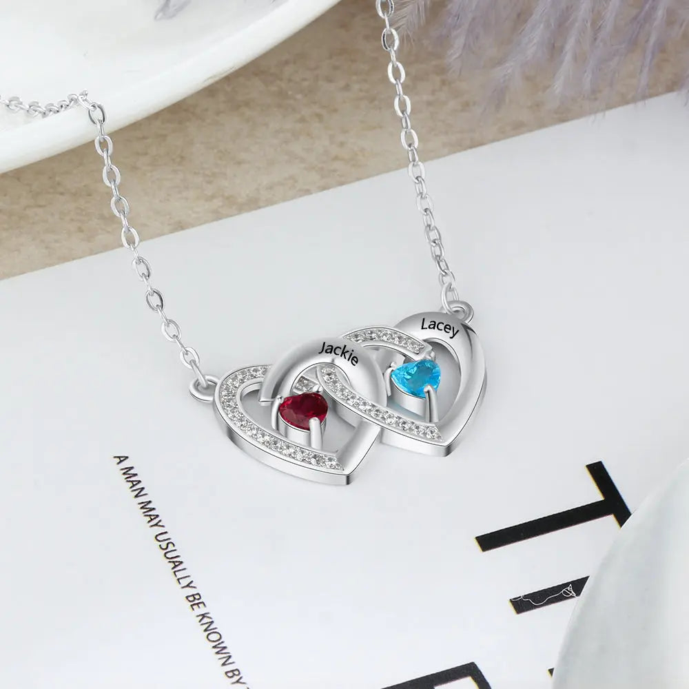 925 Sterling Silver Birthstones Two Hearts Shape Necklace-1