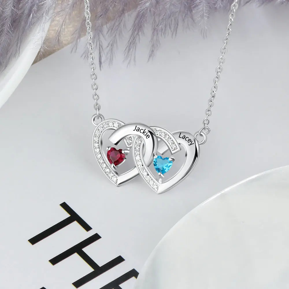 925 Sterling Silver Birthstones Two Hearts Shape Necklace-3