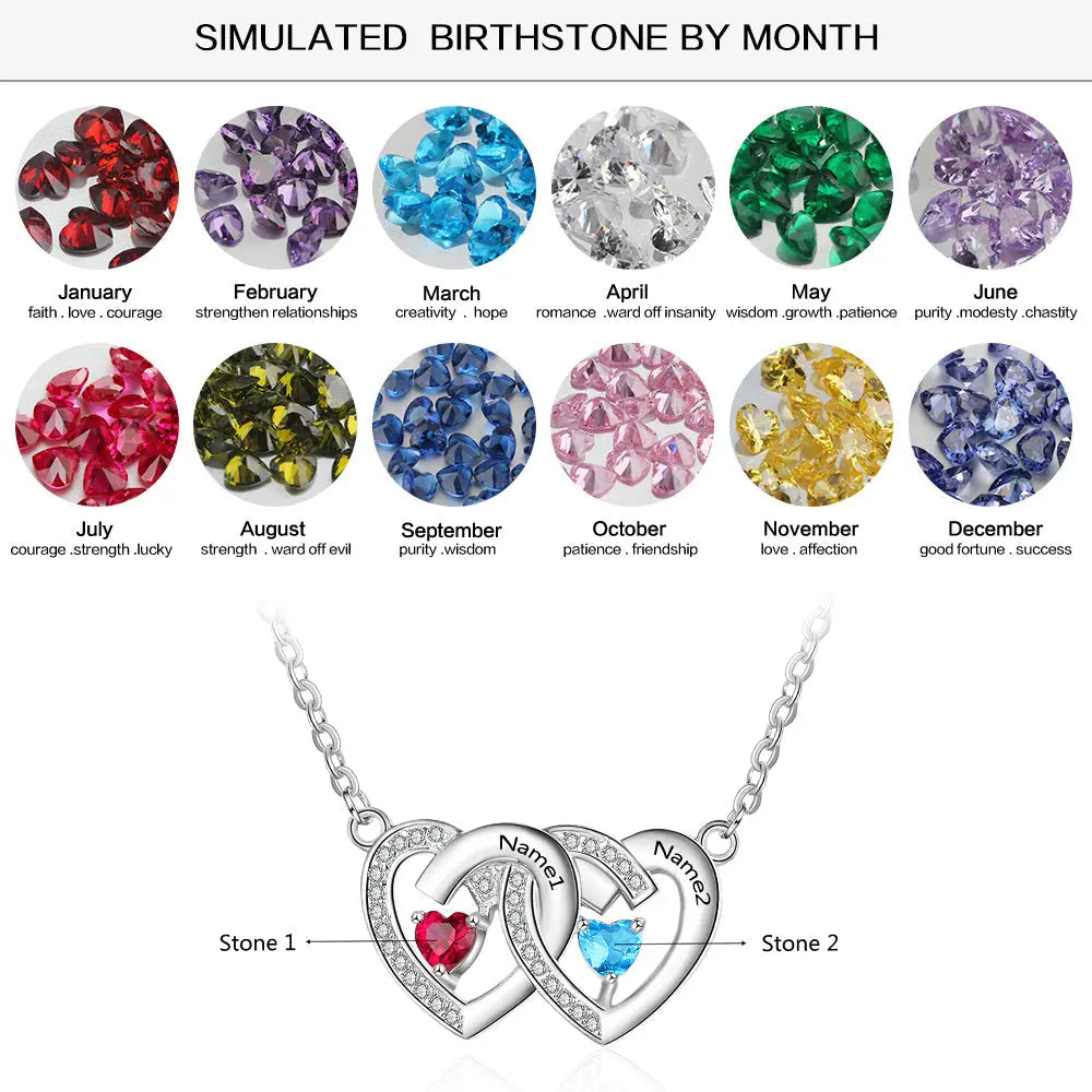 925 Sterling Silver Birthstones Two Hearts Shape Necklace-5