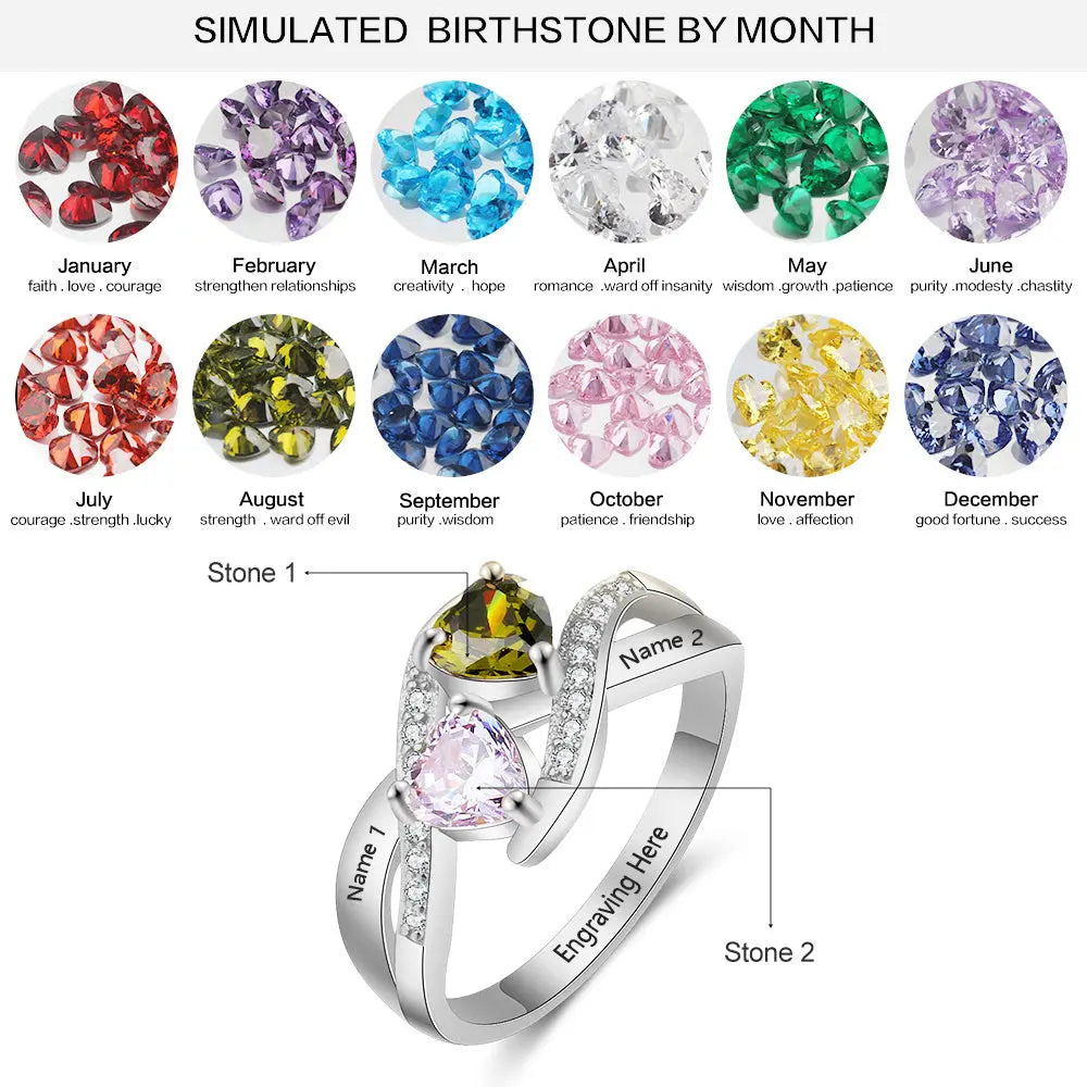 925 Sterling Silver Heart Birthstone Name Rings - Memoriex