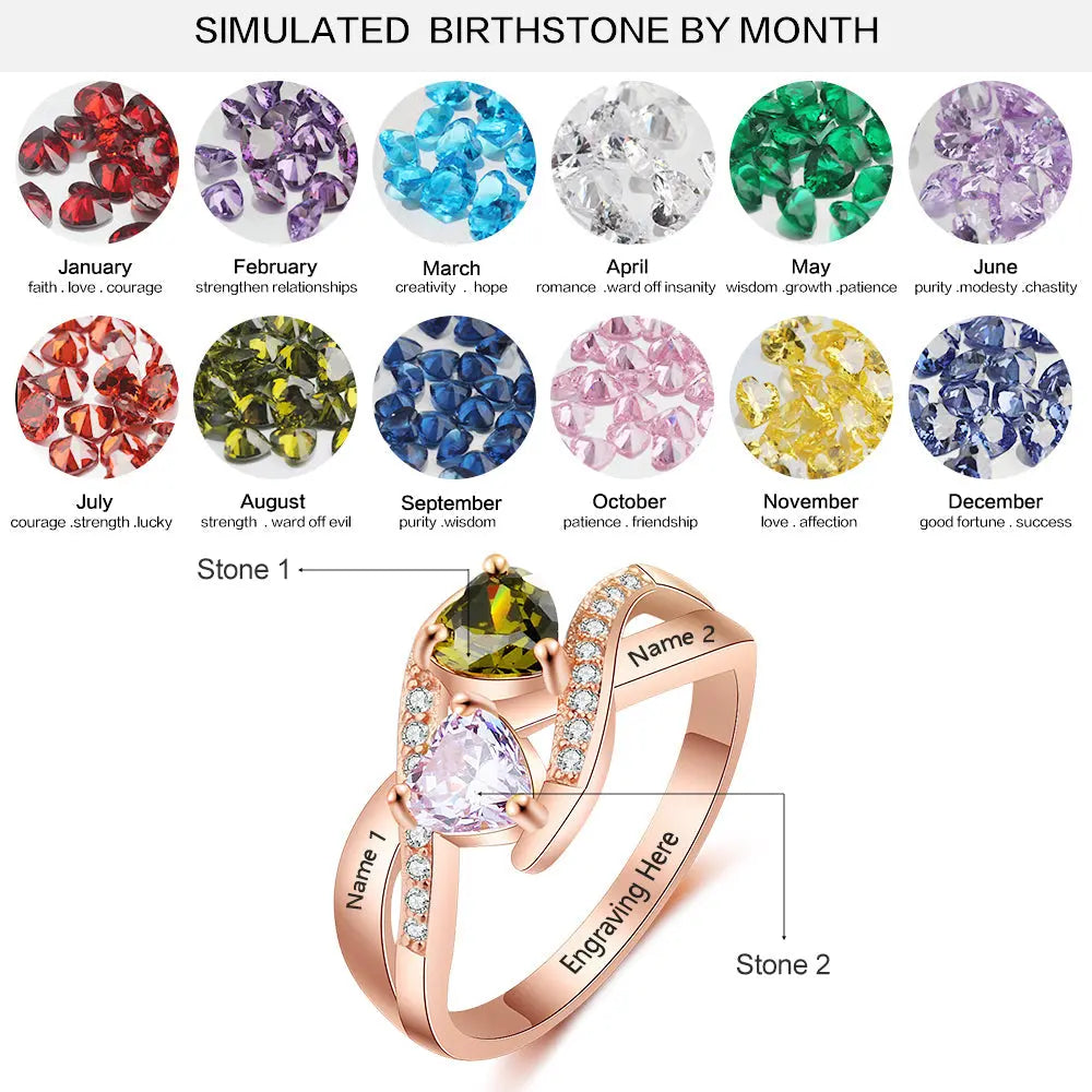 925 Sterling Silver Heart Birthstone Name Rings - Memoriex