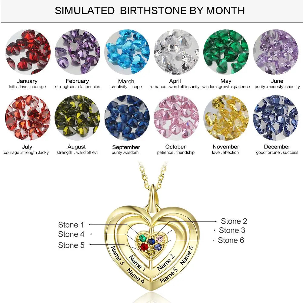 925 Sterling Silver Heart Shape Names Necklaces with Six Colorful Birthstones-1