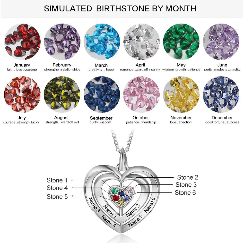 925 Sterling Silver Heart Shape Names Necklaces with Six Colorful Birthstones-5