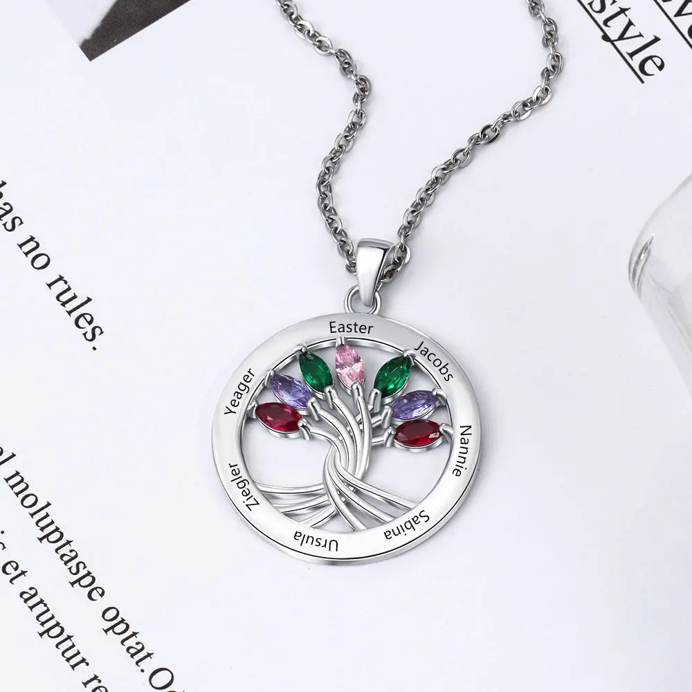 925 Sterling Silver Tree of Life Necklace with Seven Birthstones-1