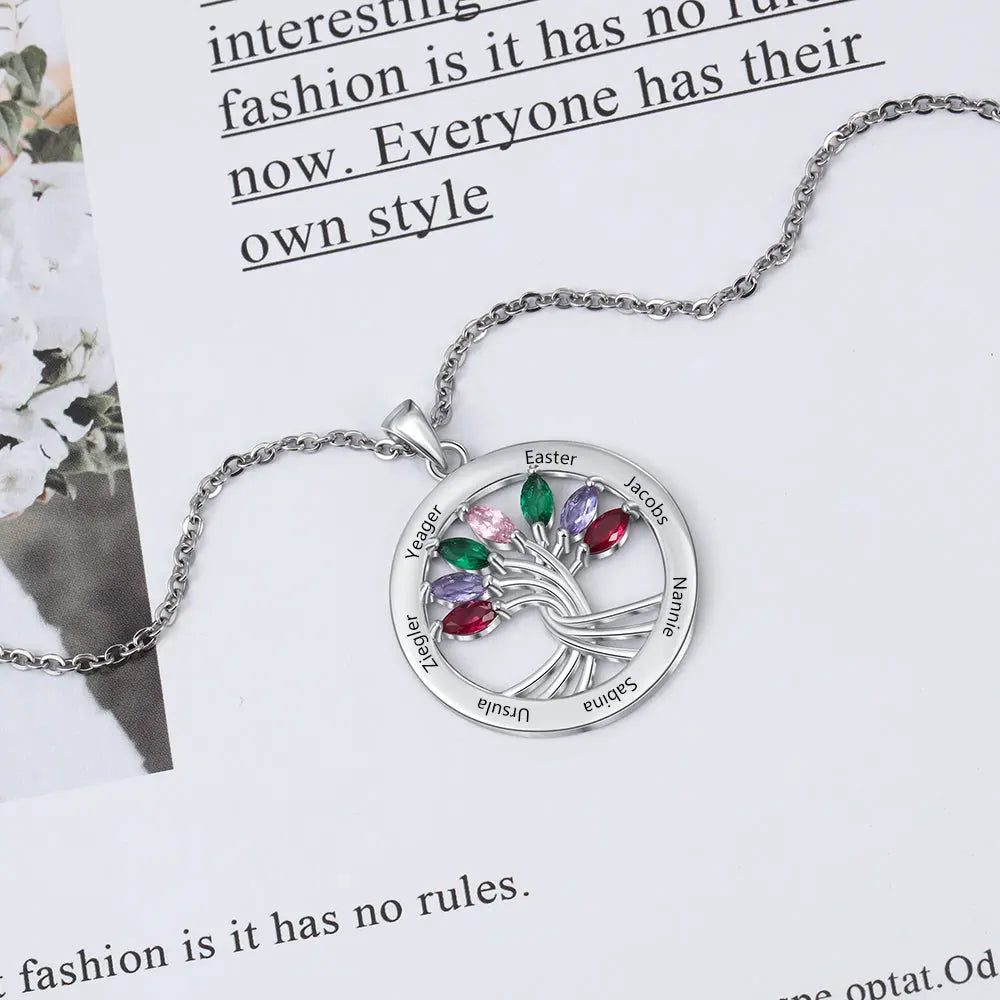 925 Sterling Silver Tree of Life Necklace with Seven Birthstones-3