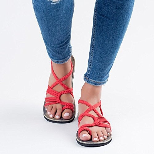 Woven sandals women's flat toe sandals - Memoriex 