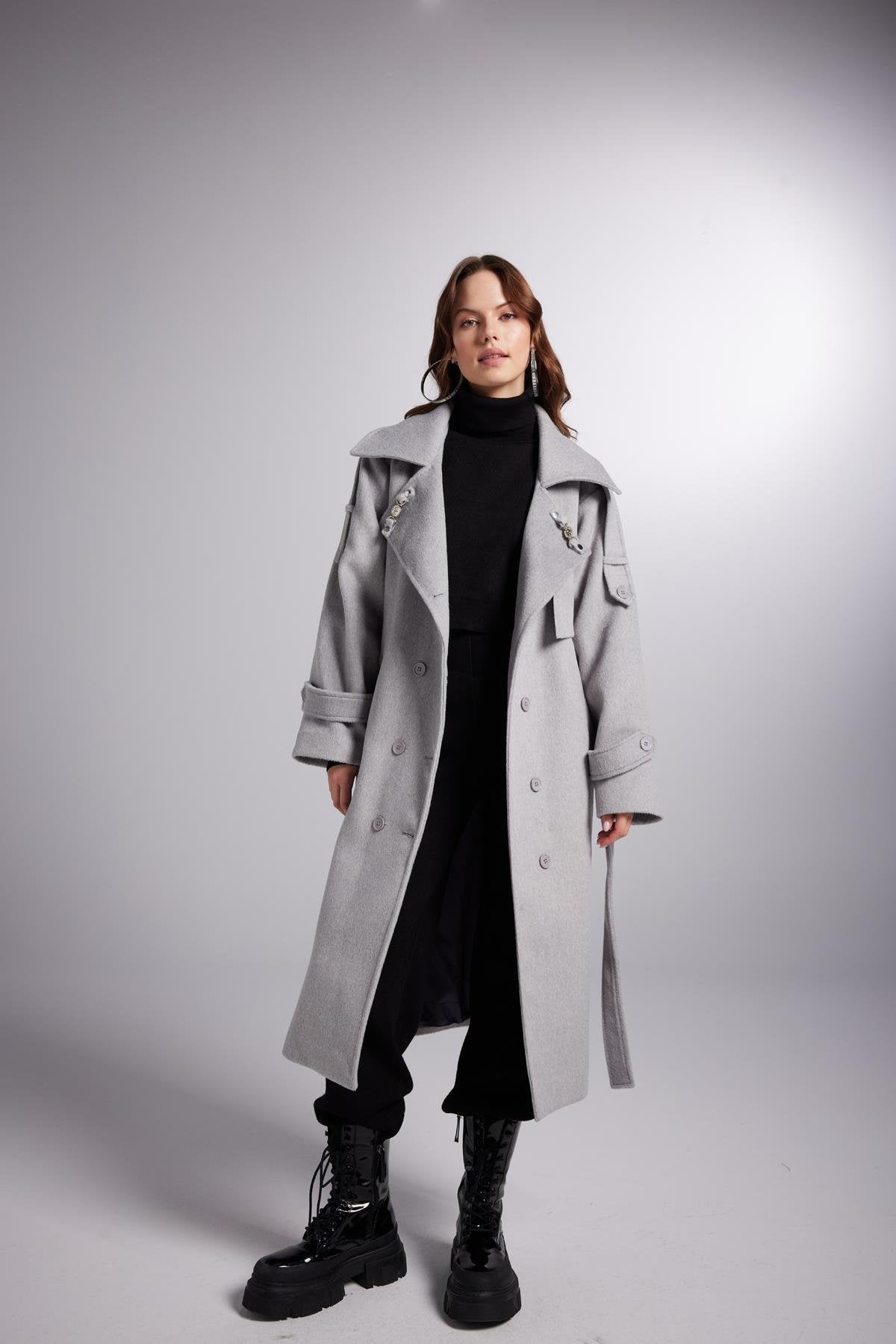 Accessorized Wool Blended Cashmere Maxi Woody Grey Coat-4