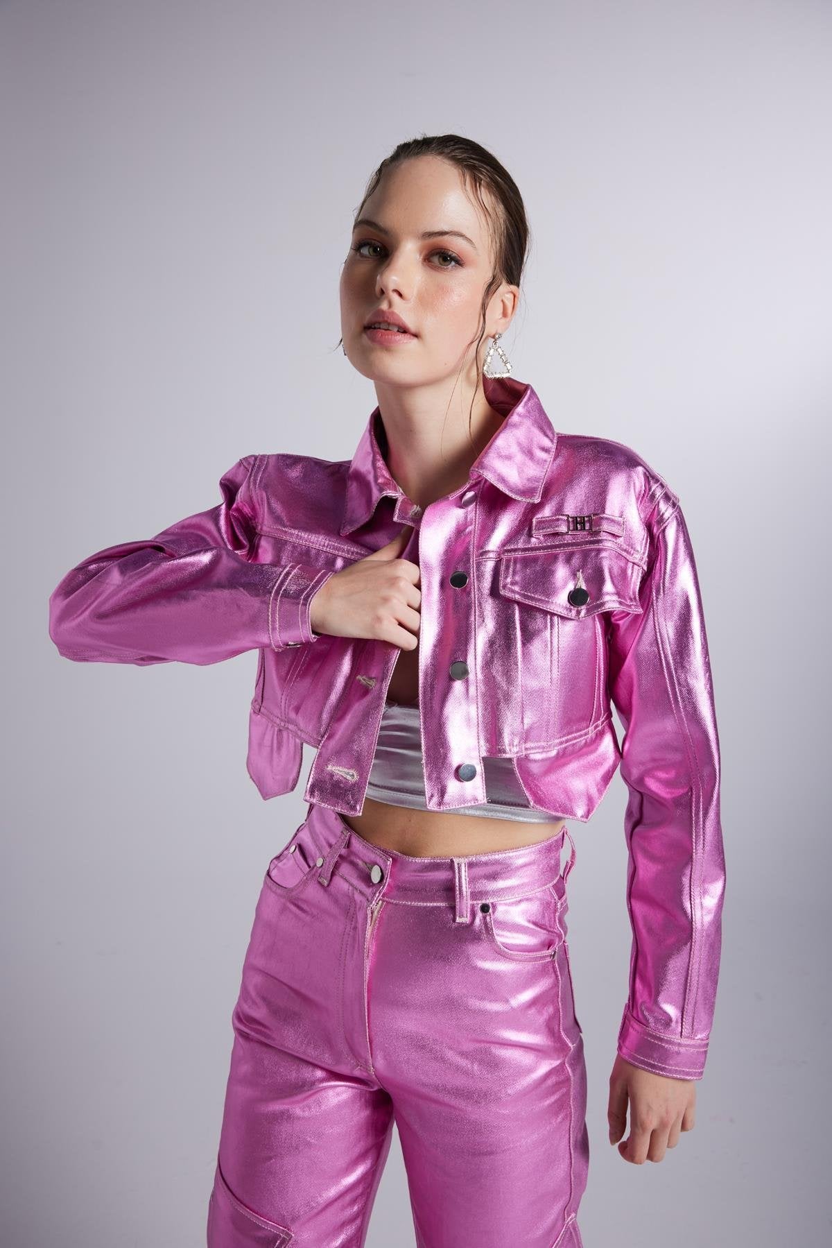 Metallic Pink Glossy Millen Cropped Jacket-2