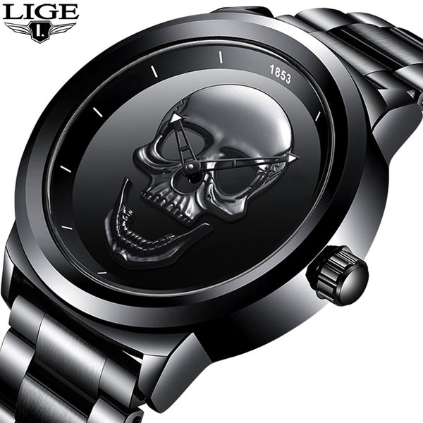 Men's 3D Skull Watch, Black Stainless-Look Quartz Watch, Mesh or Link...