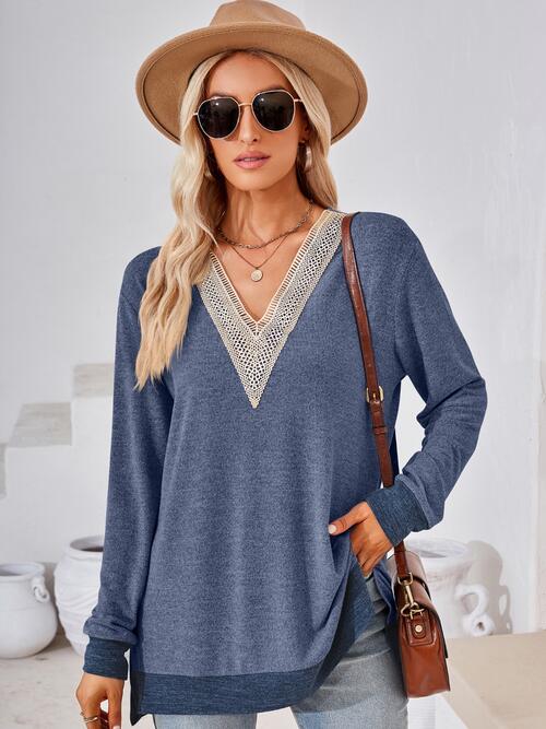 Crochet Contrast V-Neck Long Sleeve Slit T-Shirt by VYSN-4