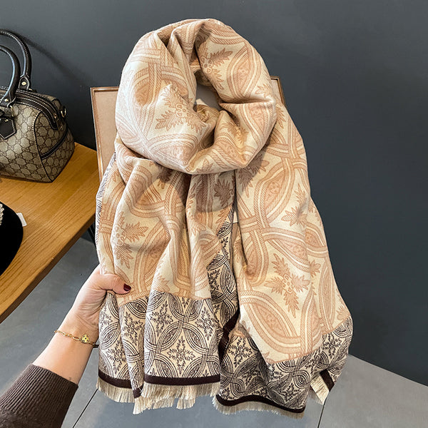 Geometric Print Winter Wrap — Oversized Tassel-Edge Shawl Scarf for Women