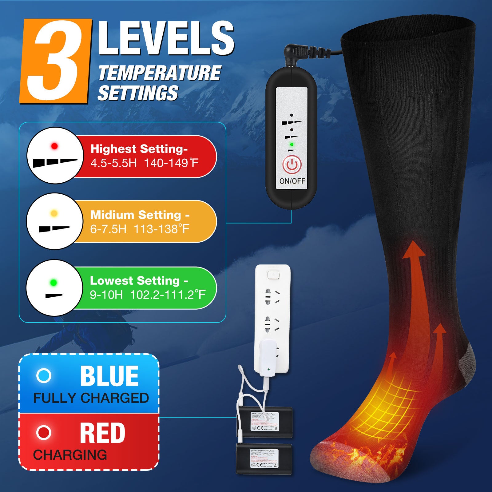 Hot socks with 3-speed electric heating, USB for men and women's foot warmers, winter electric heating and warm socks - Memoriex 