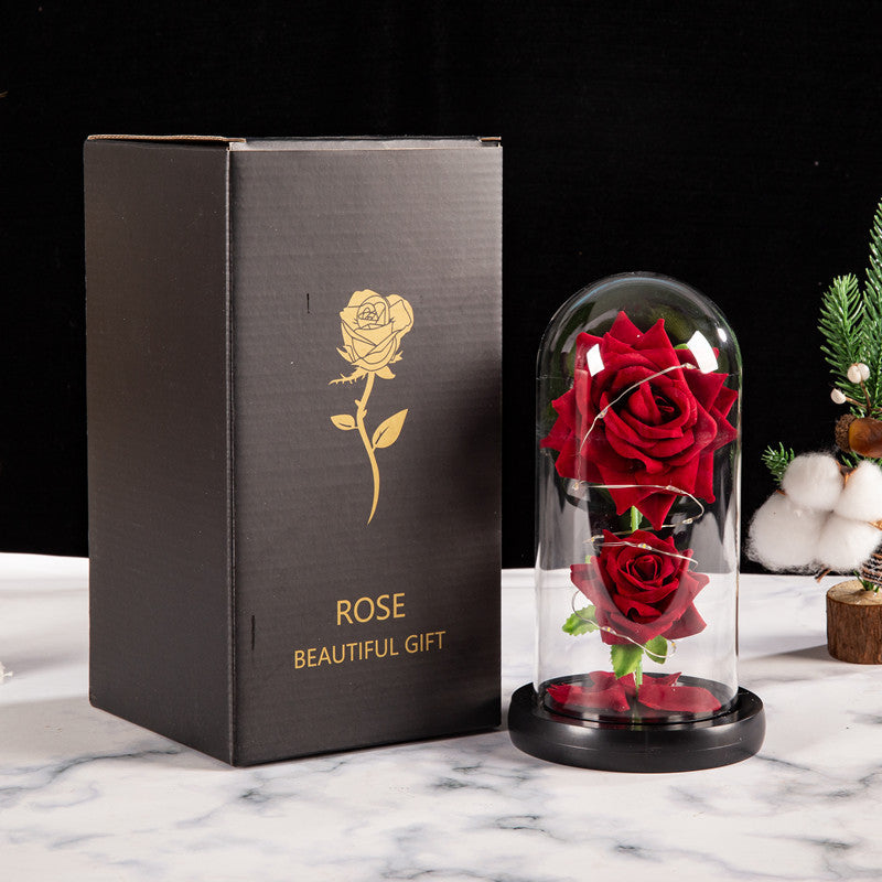 Christmas Valentine's Day Birthday Gift Two Roses Glass Cover Ornament LED Light Simulation Immortal Flower