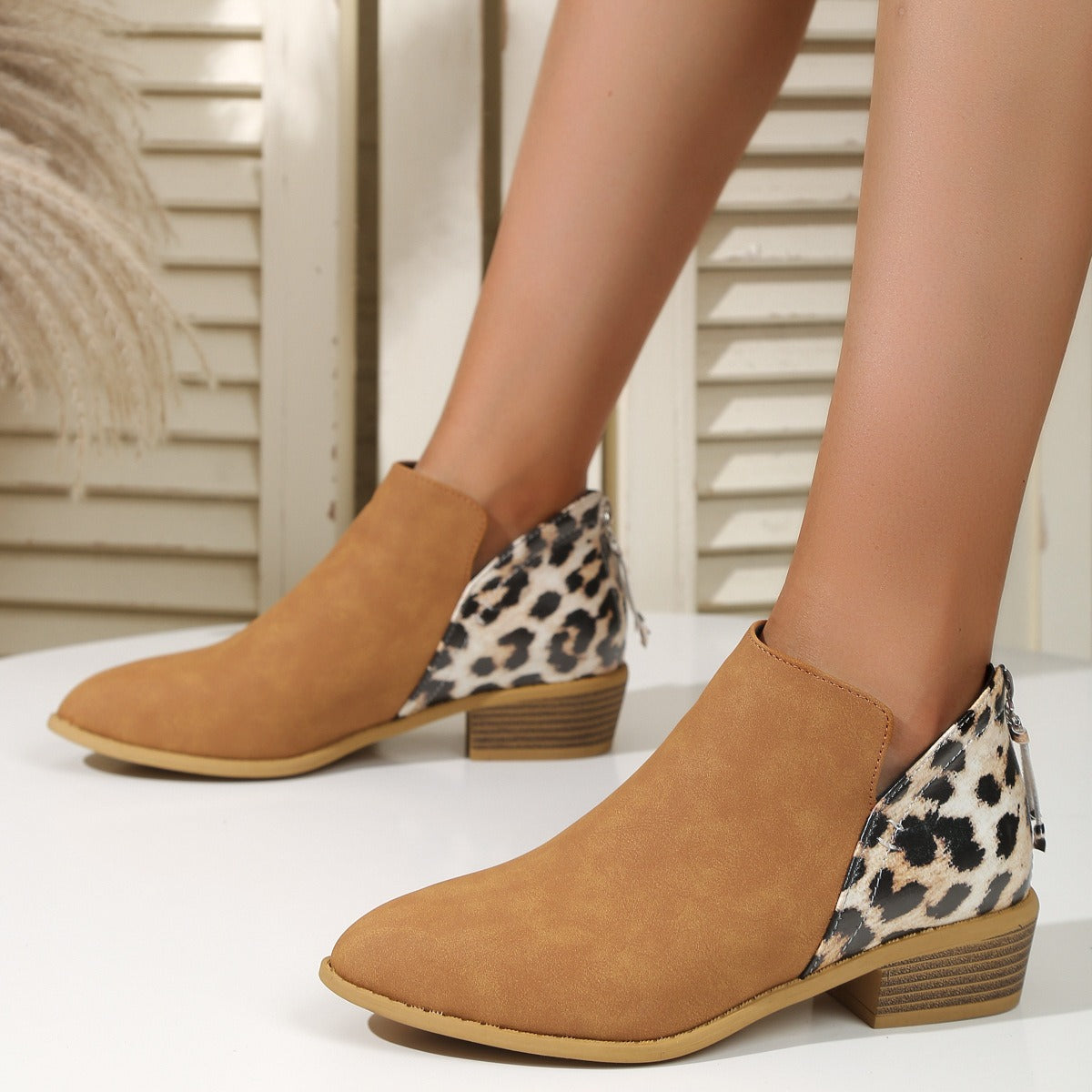 Fashion Leopard Print Boots Women's Pointed Thick Heels Back Zipper Shoes - Memoriex 