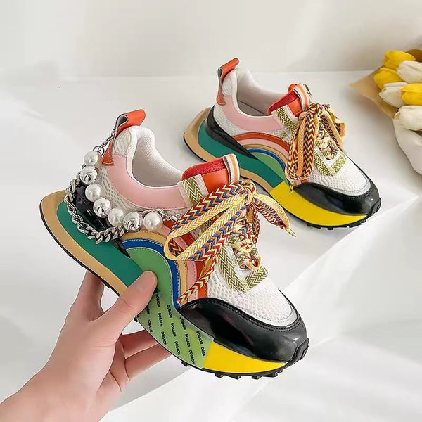 Rainbow Platform Trainers with Pearl and Chain Detail, Chunky Lace-Up...
