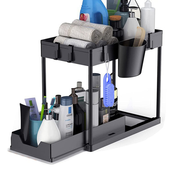 2-Tier Sliding Under-Sink Organiser with Hooks & Removable Baskets