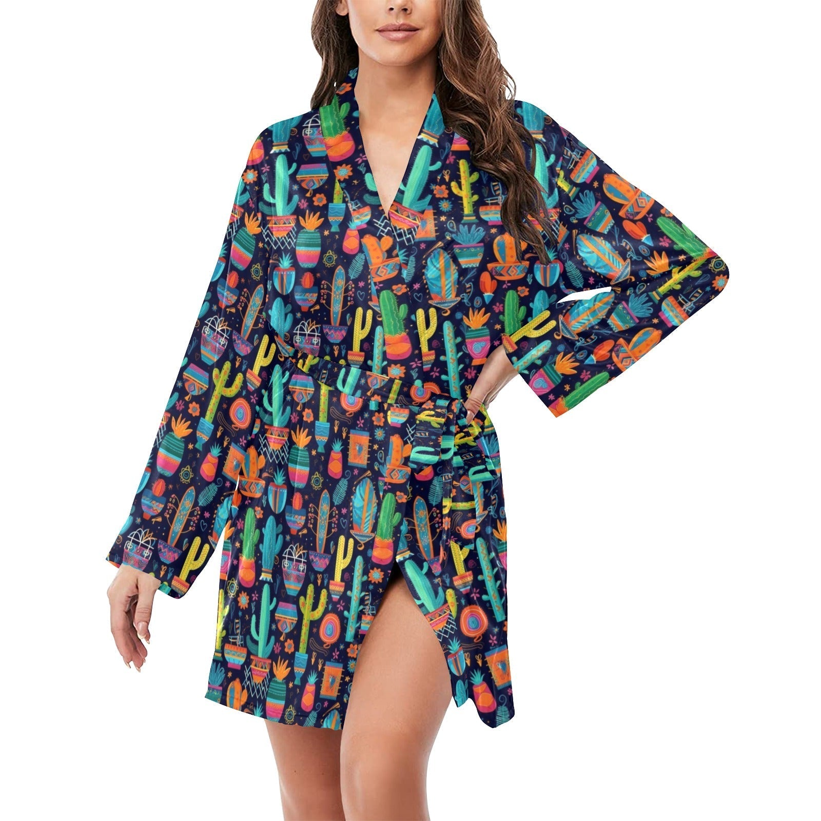 Crazy Cactus Lady Women's Long Sleeve Belted Satin Feel Dressing Lounge Robe by Baha Ranch Western Wear-0