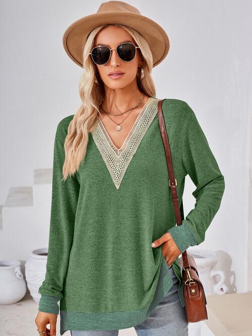 Crochet Contrast V-Neck Long Sleeve Slit T-Shirt by VYSN-8