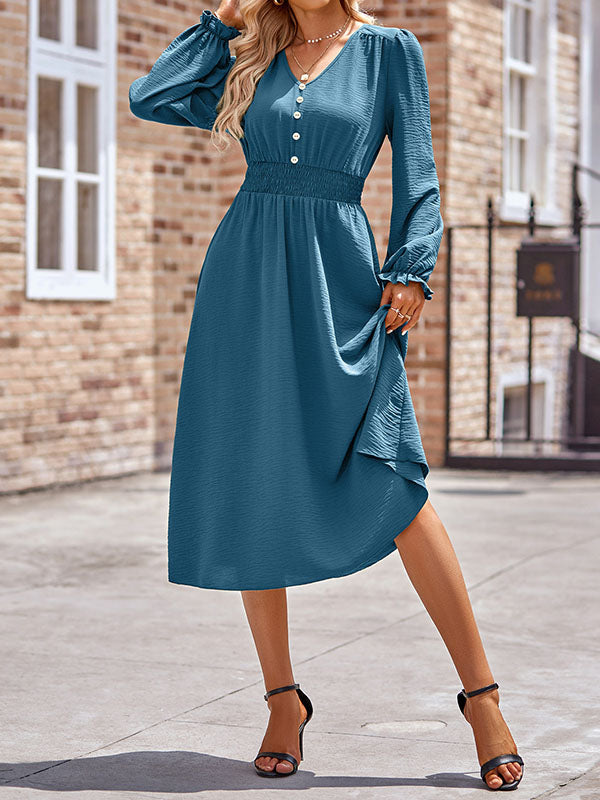 A-Line Long Sleeves Buttoned Elasticity V-Neck Midi Dresses by migunica-0