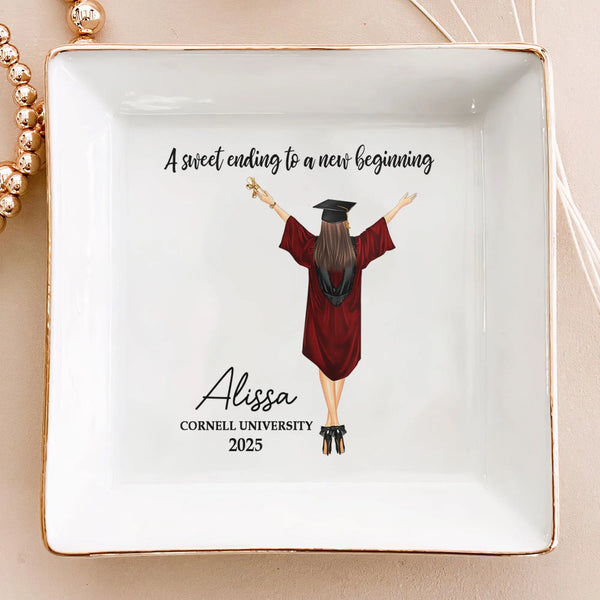 A Sweet Ending To A New Beginning - Personalized Jewelry Dish - Graduation Gift - Memoriex