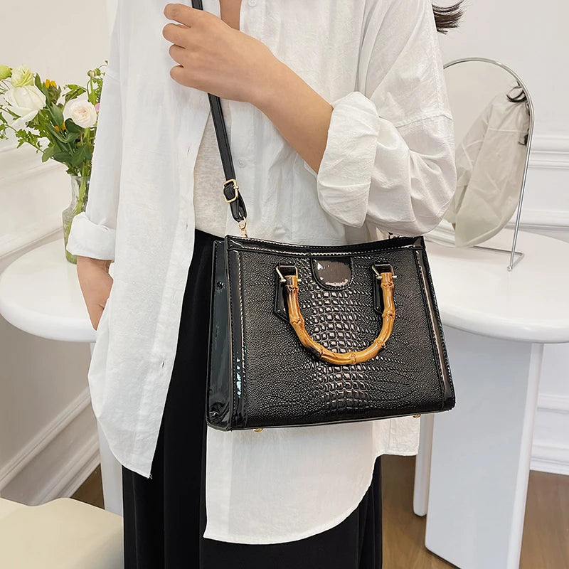 High Quality Leather Shoulder Bag For Women Luxury Alligator Handbag Designer Women Bag Retro Bamboo Handle Tote Bag Female - Memoriex 