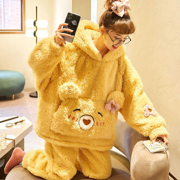 Women's Hooded Teddy Fleece Pyjama Set, Cute Bear Plush Winter...