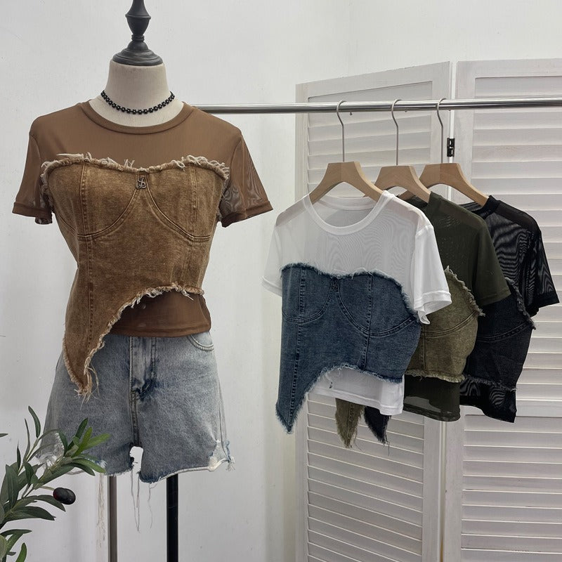 Cowboy patchwork mesh short sleeved t-shirt summer outfit irregular high waisted slim fit top