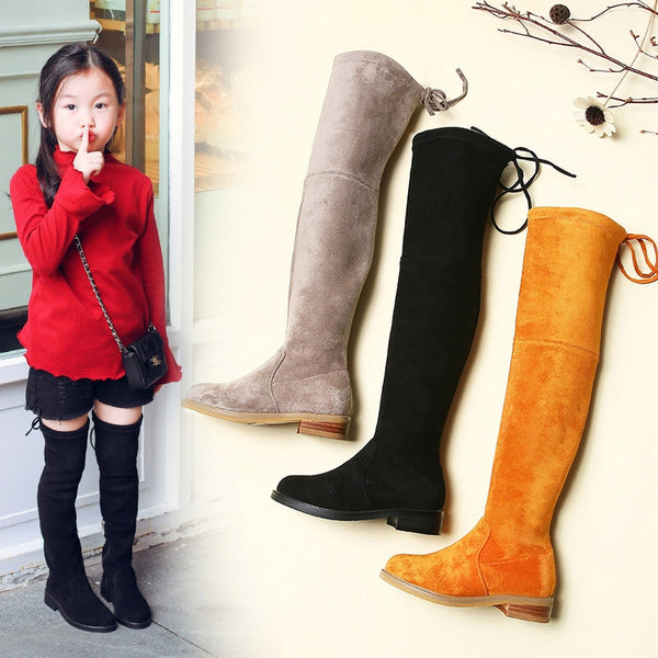 Girls' Over-the-Knee Boots, Suede-Effect Flat Tall Boots with Tie Detail, Black, Red and Brown -  | Memoriex UK