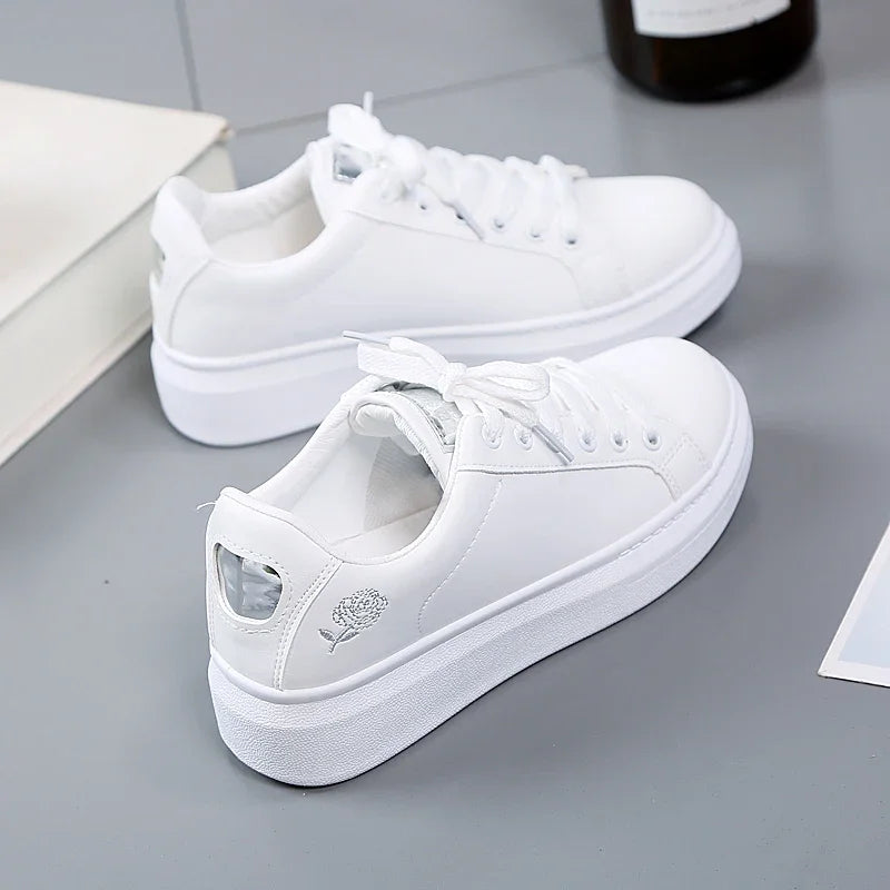 Women Casual Shoes New Spring Fashion Embroidered White Breathable Flower Lace-Up Sneakers White Tenis Feminino Flat  Zapatillas - Memoriex 