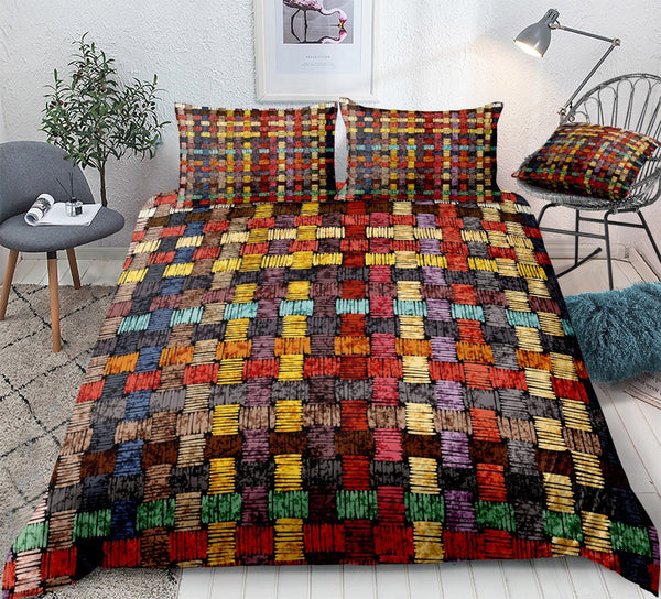 Boho Geometric Check Duvet Cover Set, Global-Inspired Bohemian...