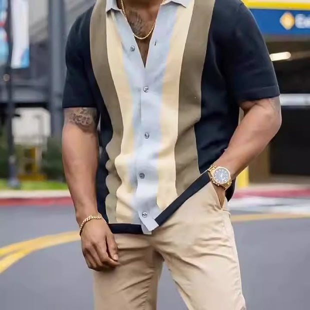 Men's New Striped Casual Short Sleeved Knitting Cardigan T-Shirt Men'S Polo Shirt Shirt - Memoriex