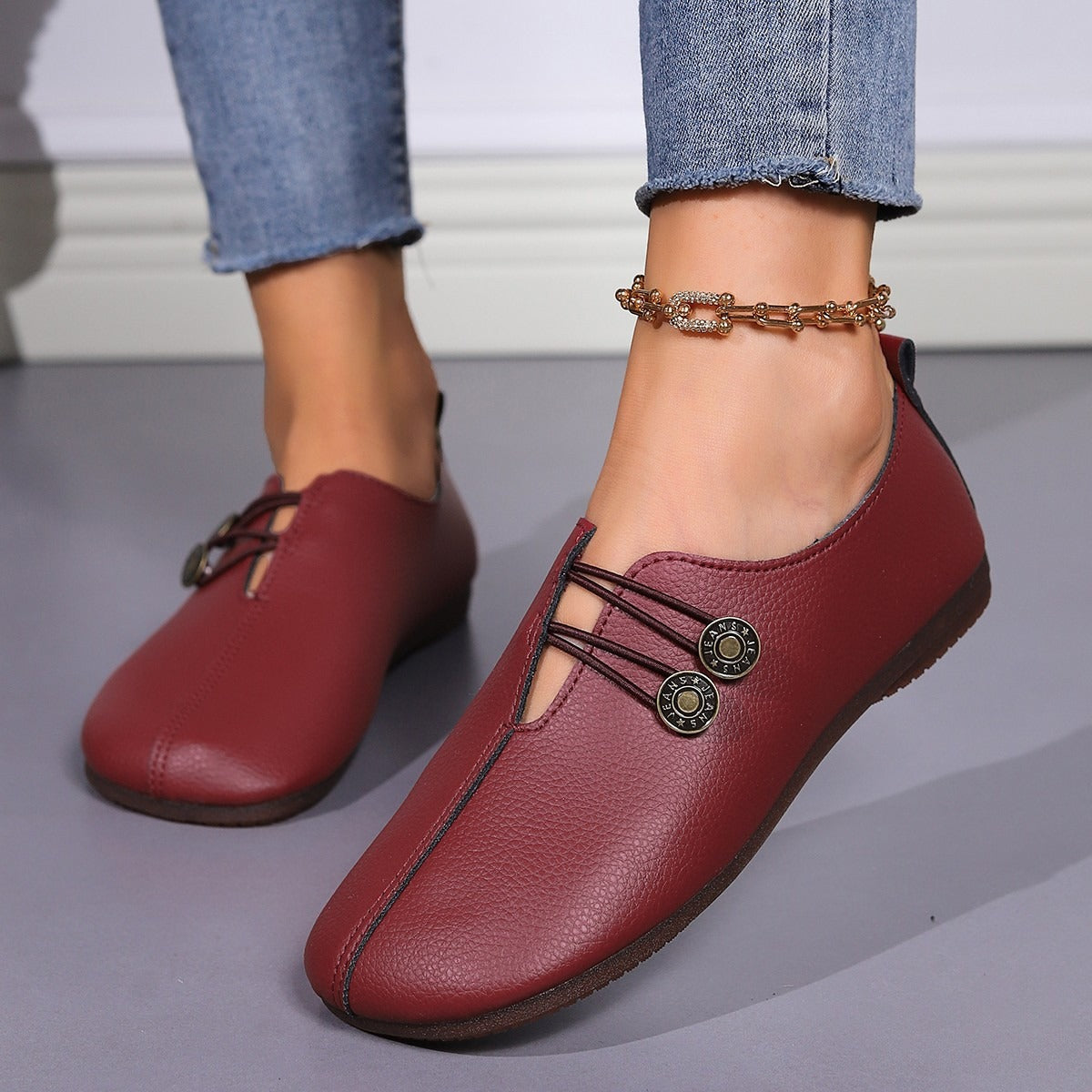 Casual Square Toe Flats Shoes Fashion Slip-on Button Loafers Women Shoes - Memoriex 