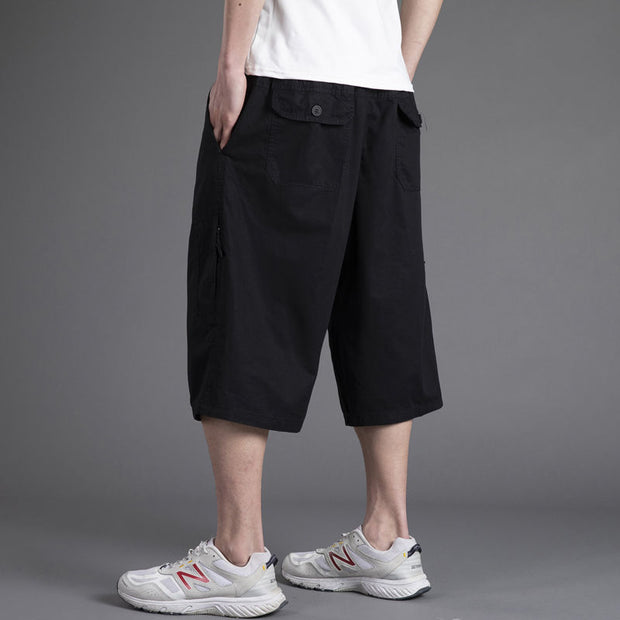 Men's loose casual shorts with cropped pants solid color middle-aged and elderly work pants - Memoriex
