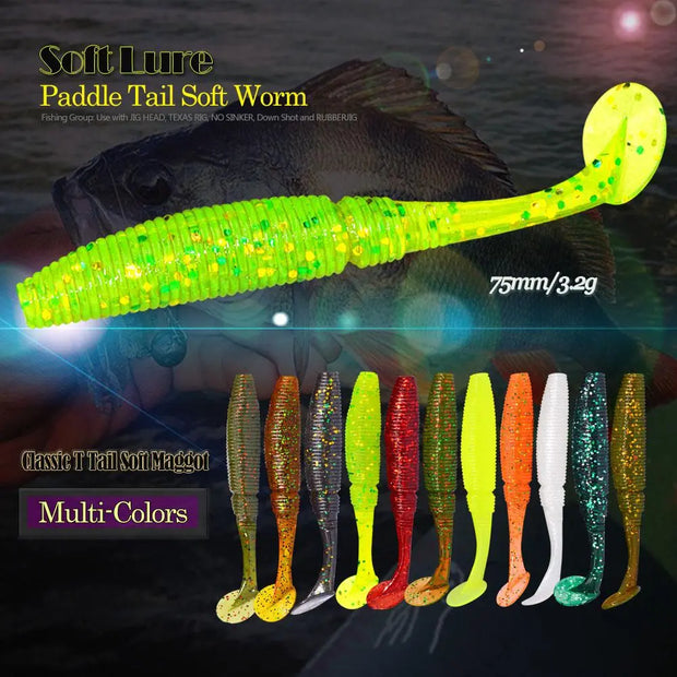 AFISHLURE 6pcs/lot T Tail Soft Worm 3.2g 75mm Paddle wobbler fishing lure for bass Fishing Bait Grub Swimbait - Memoriex 