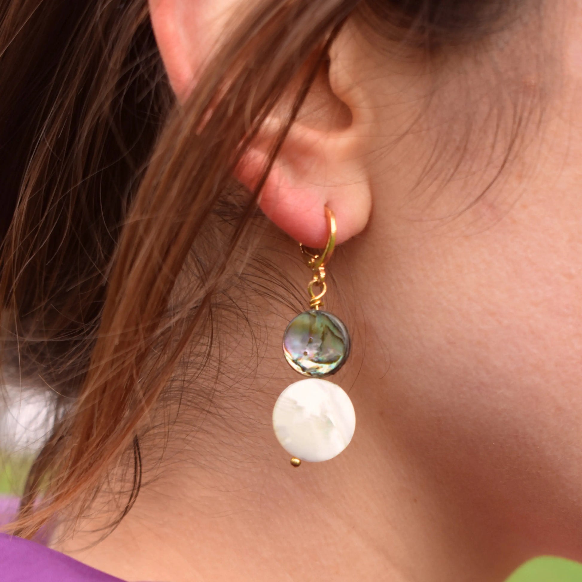 Abalone shell, white coin pearl Hoop Earrings - Memoriex