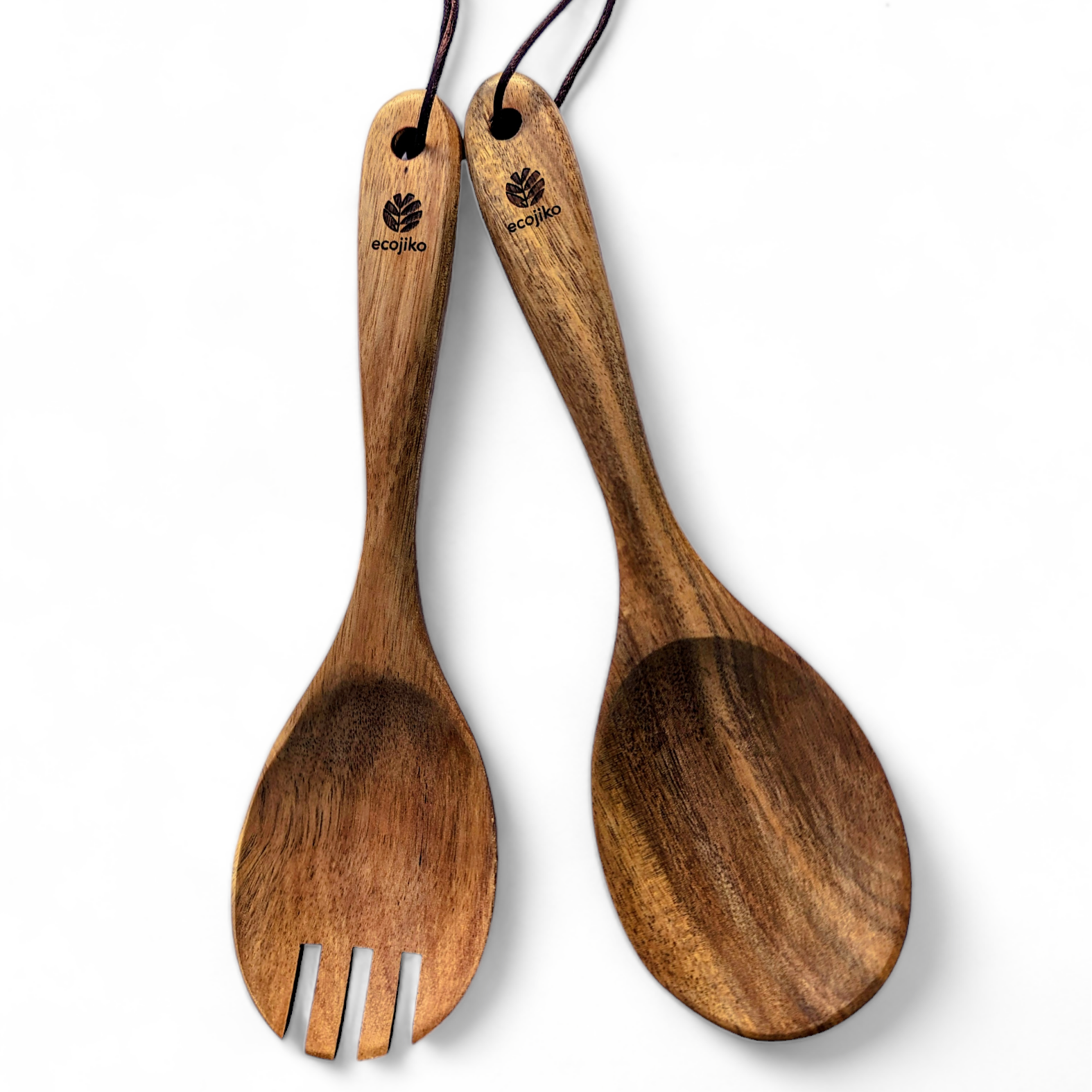 Wooden Summer Salad Servers | Sustainable Acacia Natural Food Servers with Hang Tie-0