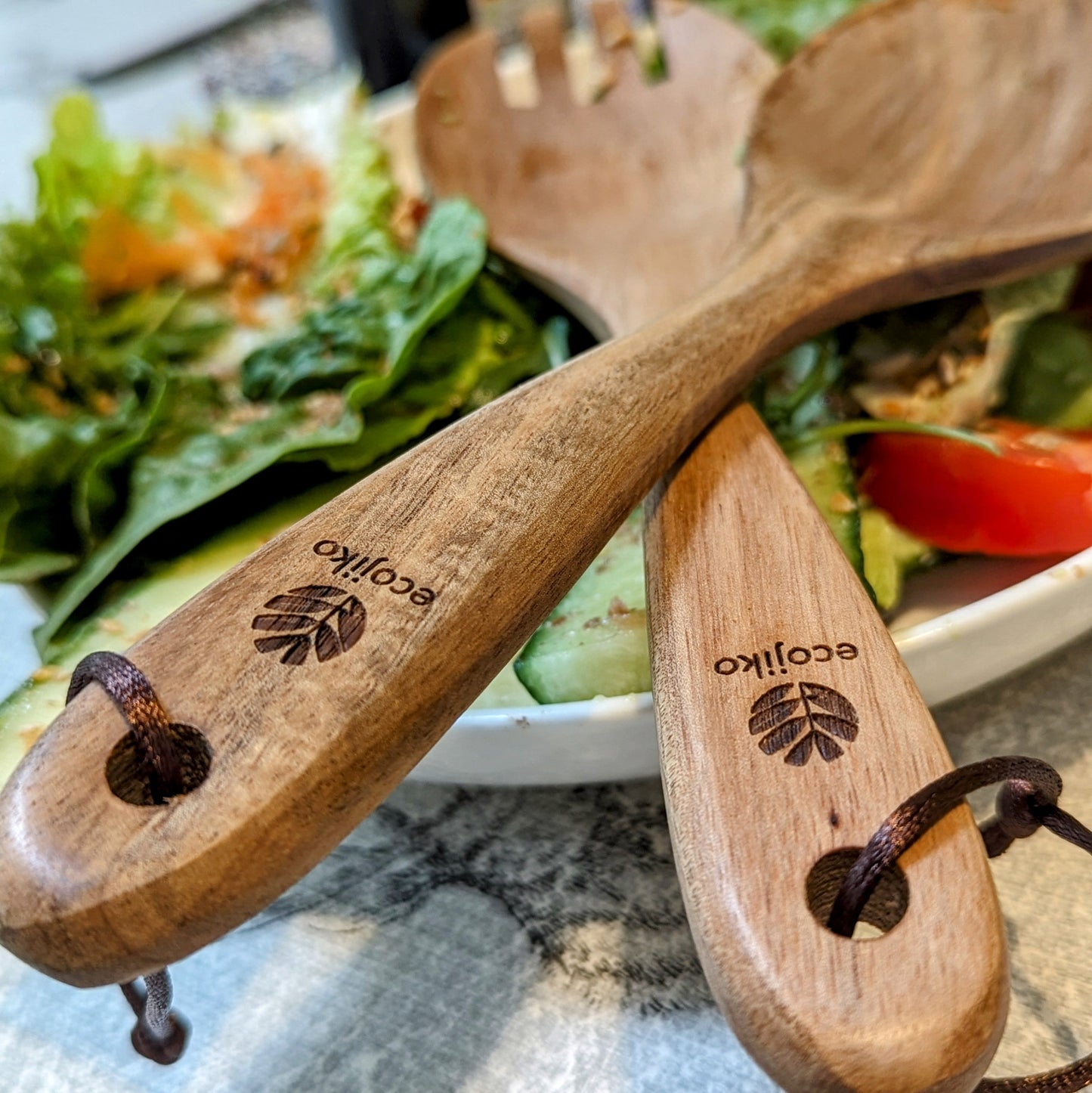 Wooden Summer Salad Servers | Sustainable Acacia Natural Food Servers with Hang Tie-1