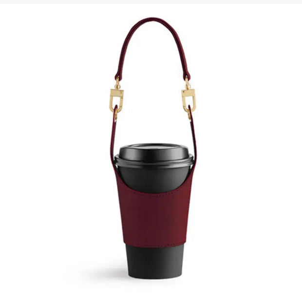 Adjustable PU leather hand cup holder Portable milk tea cup heat insulation hand bag European style cup holder - Memoriex 