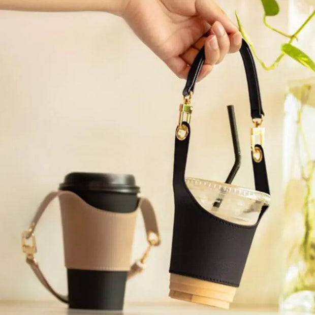 Adjustable PU leather hand cup holder Portable milk tea cup heat insulation hand bag European style cup holder - Memoriex 