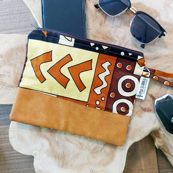 African Print Zipper Pouch | Make-up Bag | Pencil Case | Vegan Leather Detail-0