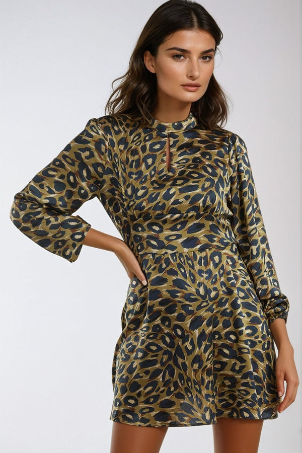 Khaki Animal High Neck Keyhole Mini Dress-0