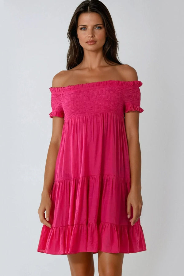 Fuchsia Bardot Shirred Mini Dress-0