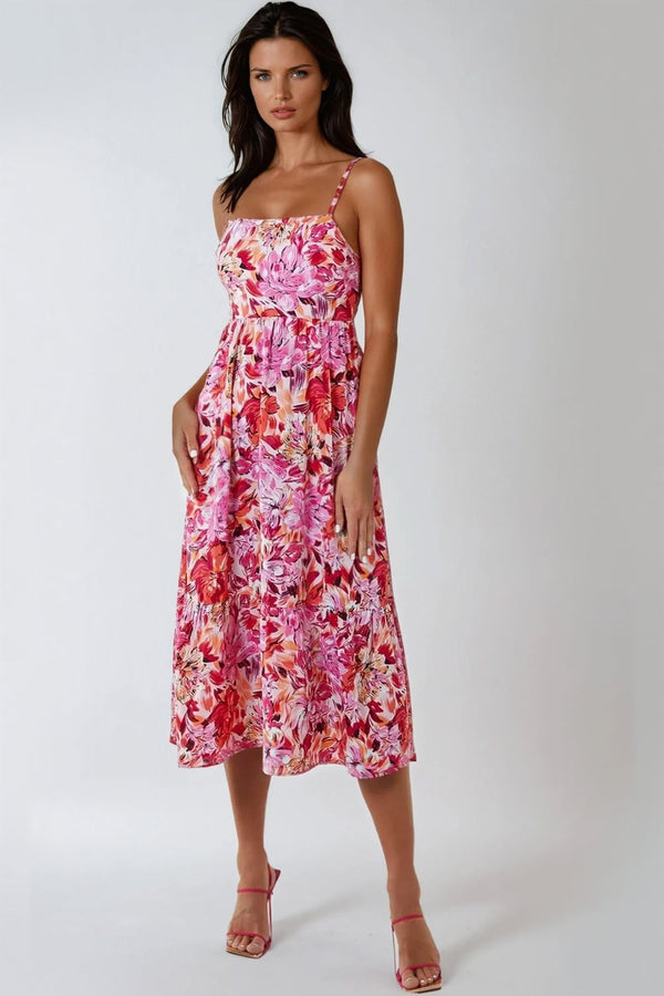 Pink Floral Cami Midi Dress With Cut Out Back-0