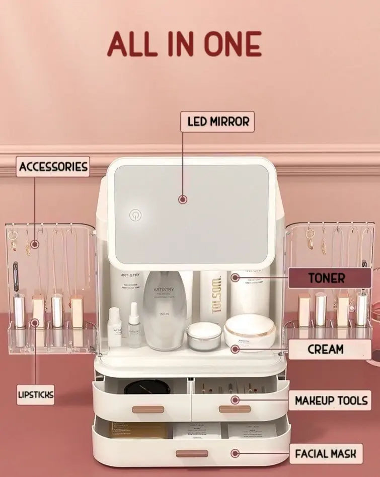 All-in-one Organizer with Led Mirror for Makeup Skincare & Accessories-1