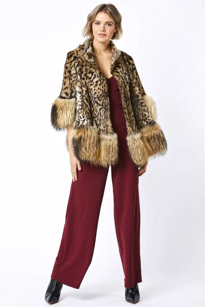 Amelia Animal Print Mocha Fox Fur Cape Coat-0