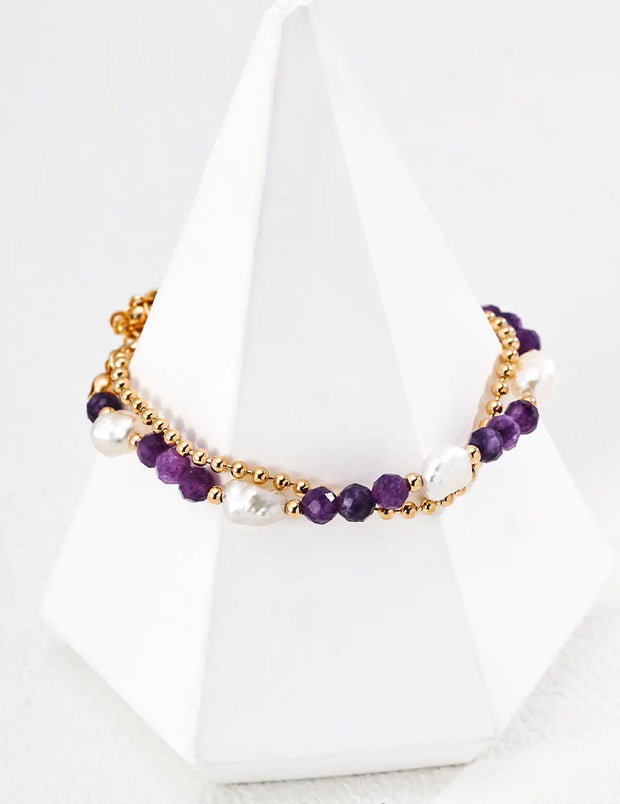 Amethyst & Natural Pearl Double-Layer Bracelet-2